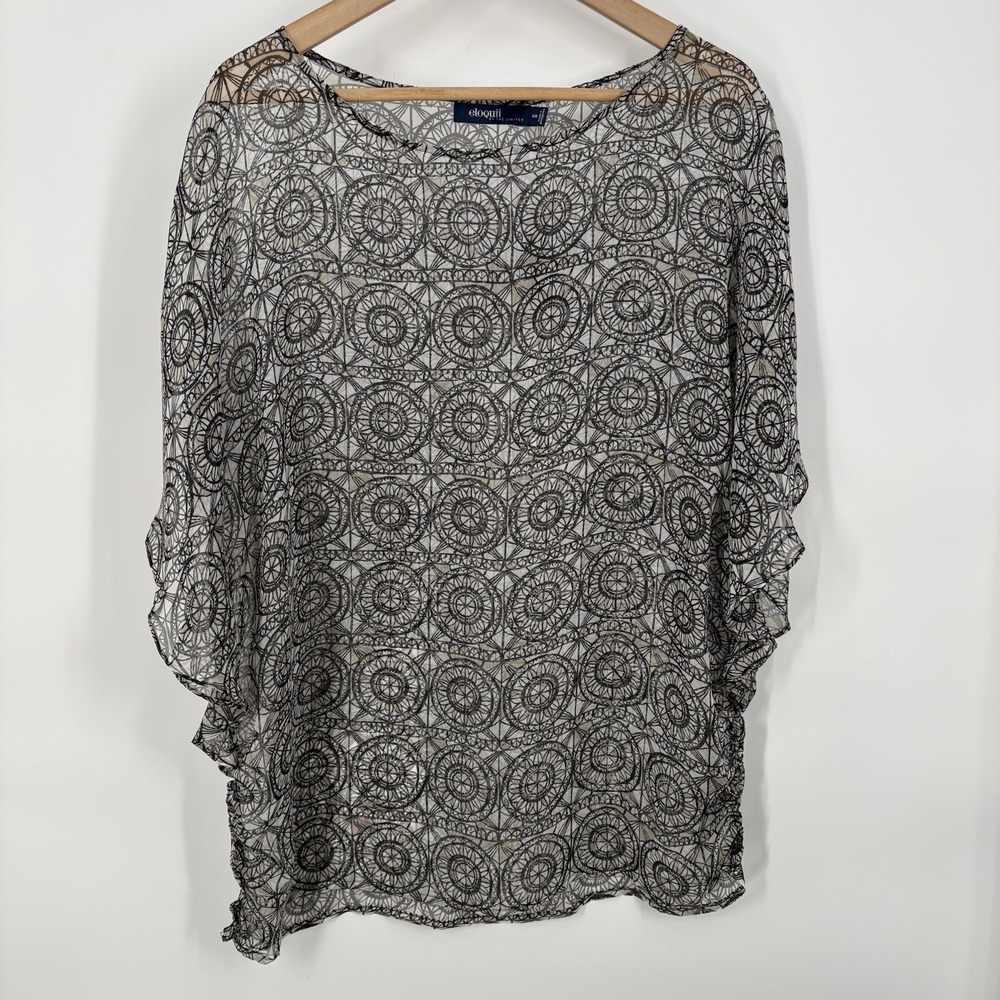 Elloqui Womens Semi‎ Sheer Top 14/16 Ruffle Dolman Sleeve Beach Resort Cruise